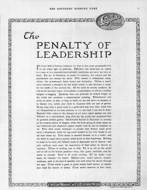 Cadillac's 'The Penalty of Leadership' advertisement